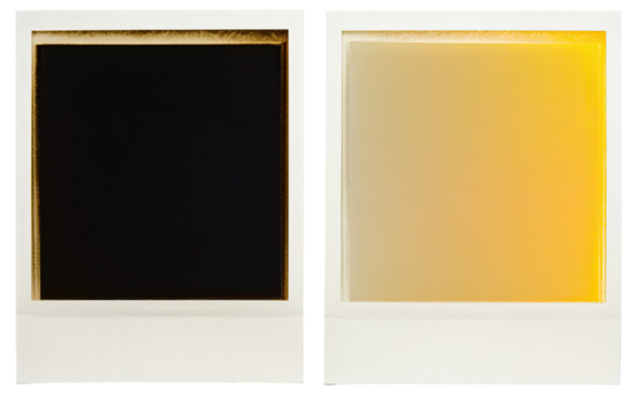 Two square instant photos, one black, one faded orange-yellow, in white frames