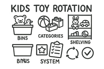 Kids Toy Organization. Kids toy rotation doodle set: hand drawn icons for bins, categories, shelving, and system icons, isolated