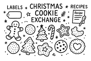 Christmas Cookie Doodle Set. Christmas cookie exchange doodle set: hand drawn icons for labels, boxes, recipes, and cookie types,