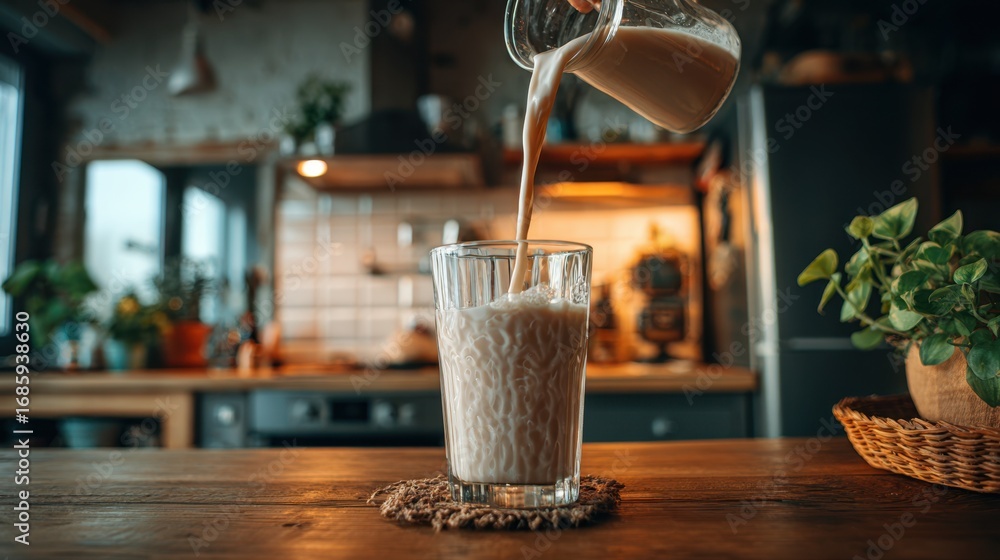 Poster dairyfree milk alternative poured into a glass capturing smooth texture with a softly blurred kitche