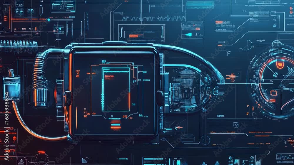 Poster futuristic interface showing complex data analysis and processing