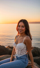 A young woman stands on a rock near the sea, against the backdrop of the sea in the evening.