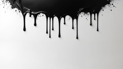 Abstract depiction of a liquid spill with black dripping paint against a white backdrop, showcasing an artistic modern design. Liquid Background