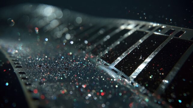 A closeup of a watermarked film edge revealing a row of trace codes alongside the glossy texture demonstrating the fine line between security and aesthetics.