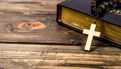 A wooden cross hangs from a rosary, resting on a worn wooden surface next to an open book.