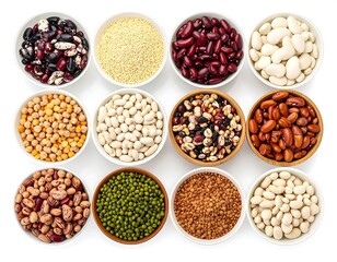 Fototapeta premium Various types of beans and grains in small bowls