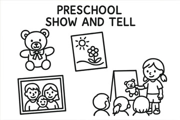 Fototapeta premium Show and Tell Doodles. Preschool show and tell doodle set: hand drawn icons for favorite toy, drawing, family photo, and