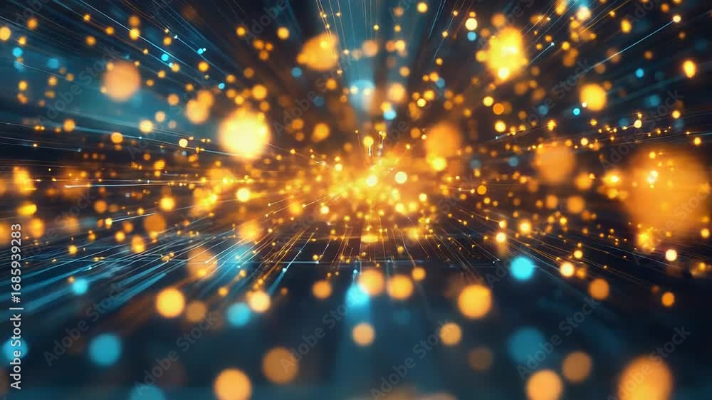 Poster golden particles flowing from center, creating a dynamic light trails effect