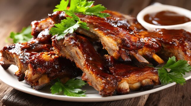 Shiny, saucy ribs piled on a plate, garnished with parsley
