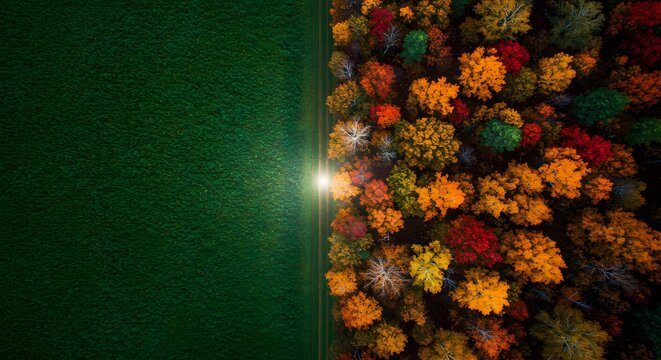 Aerial scene shows green field and trees with autumn foliage. Use as landscape or travel backdrop.