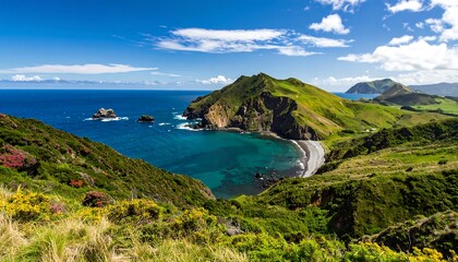 A vibrant coastal scene showcasing lush greenery, a serene bay, and dramatic hills sloping down to a sandy beach, bathed in the bright sunlight of a clear day.