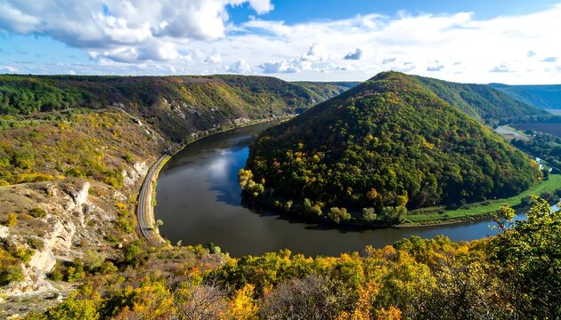 River bends through autumnal hills - Powered by Adobe