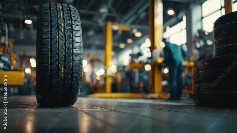 Poster medium shot of a mechanic focused on a tire installation bay indoors with blurred background of tool