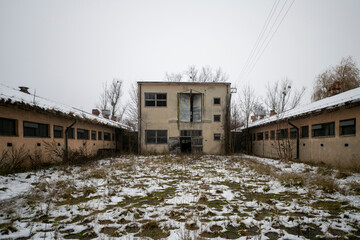 Old Ruined Abandoned Agricultural Farming and Animal Research Laboratory with Equipment