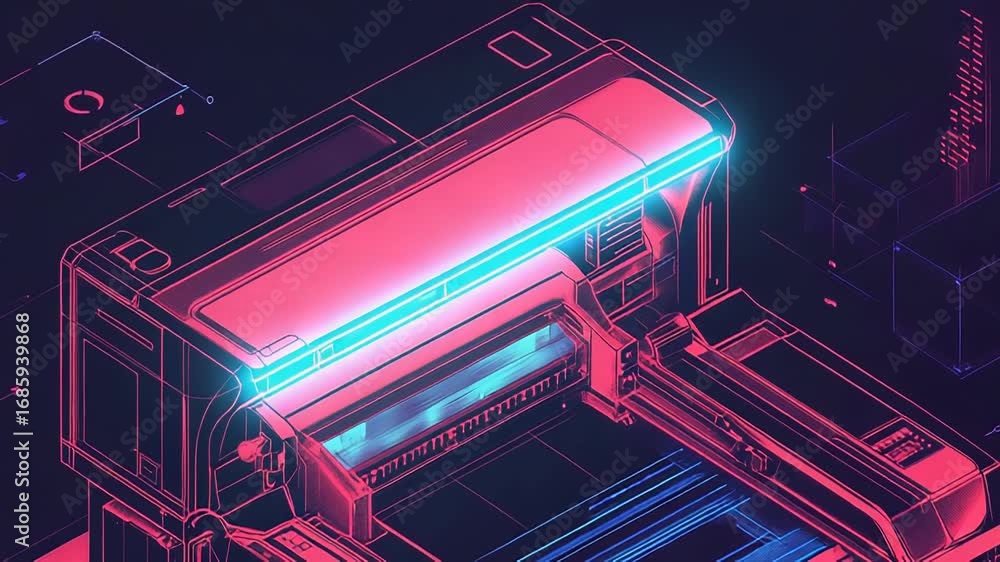 Poster futuristic 3d printer creating complex objects in neon light