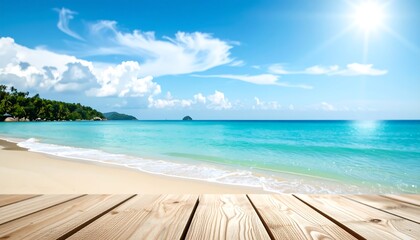 Naklejka premium A sunny beach scene with turquoise water, light blue sky, fluffy clouds, and wooden foreground