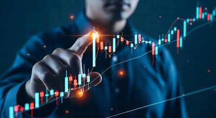 Stock market and trading concept. A close-up of a trader analyzing a clean, holographic candlestick chart, pointing to the latest bullish candle.
