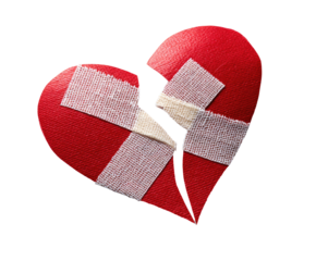 A red heart, broken in two, is patched with white adhesive bandages (4)