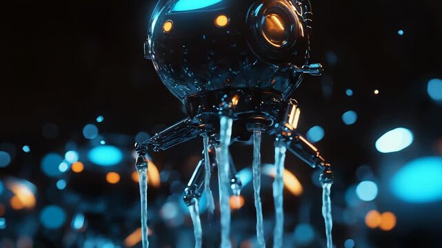 Futuristic robot emerging from liquid in dark environment