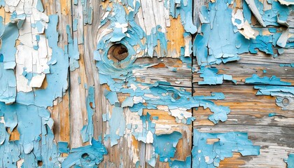 Close-up shot of weathered wooden surface with peeling blue and white paint