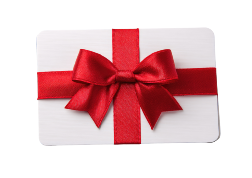 Rectangular white gift box, adorned with a vibrant red satin ribbon and bow
