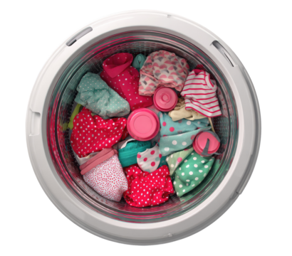 Top-down view of a washing machine drum filled with colorful children's clothes