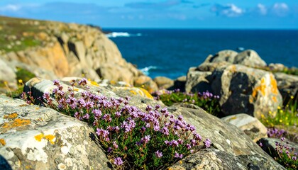 Coastal rocks with small purple flowers