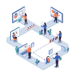 Streamlining Complex Digital Workflows: An Isometric Business Process Vector Illustration
