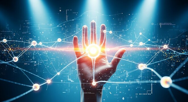 Neural network and AI concept. A hand at the center of a web of holographic nodes and synapses that pulse with light, representing deep learning. - Powered by Adobe