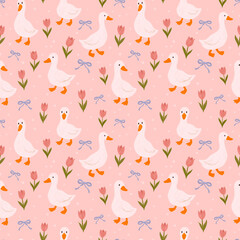 Seamless cute duck pattern with tulip flowers and bows on pastel pink background. Whimsical spring animal illustration, nursery wall art, kids fabric print, baby clothes textile, cottagecore repeating