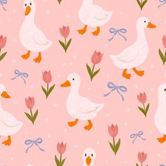 Seamless cute duck pattern with tulip flowers and bows on pastel pink background. Whimsical spring animal illustration, nursery wall art, kids fabric print, baby clothes textile, cottagecore repeating