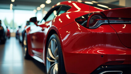 Close-up of red luxury car in modern showroom with blurred vehicles in background