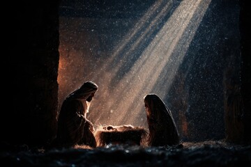 Holy night nativity scene with Mary, Joseph, and newborn in the manger