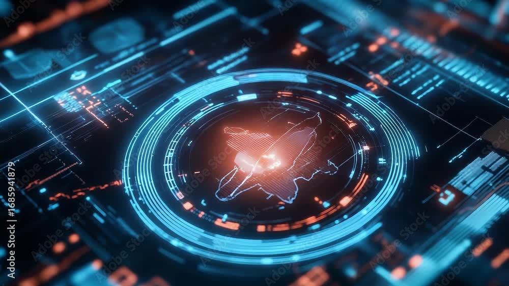 Poster futuristic hud displaying glowing map with concentric circles and data analysis