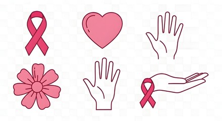 Fototapeta premium Pink symbols including ribbons heart flower and hands for breast cancer awareness on white background