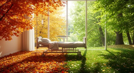 Conceptual gradient shows hospital bed transition in autumn foliage to summer grass for wellness branding, posters.