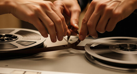 Close-up of two hands manually guiding analog tape as it winds from one reel to another, showing the slight curl of the brown tape and the spinning reels