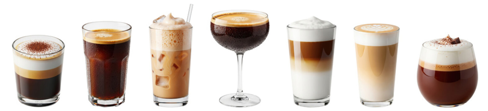 various coffee drinks collection: marocchino, iced coffee, frappe, shakerato, latte macchiato, latte or flat white, bicerin