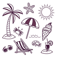 Hand drawn collection of summer beach vacation icons and elements for design
