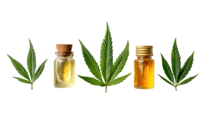 Cannabis leaves and small bottles of liquid