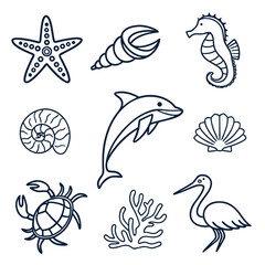 Collection of hand drawn nautical sea creatures and marine life illustrations on white background