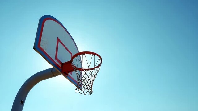 Basketball hoop with net against blue sky. Basketball setup features orange rim and white net, angled against clear blue sky. Back to school concept with basketball hoop for sports program promotion,