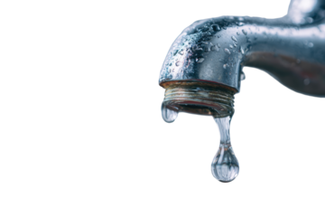 Close-up of a dripping faucet. Water droplets hang from a metal faucet, highlighting water wastage