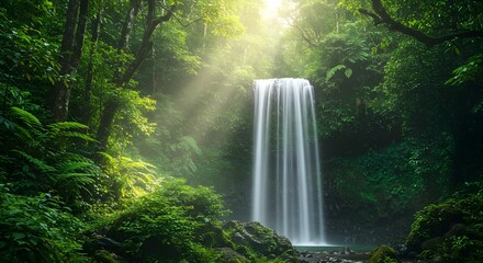 Green, Lush Waterfall Shimmers. Jungle scenery has nature background potential for digital wallpapers or posters.