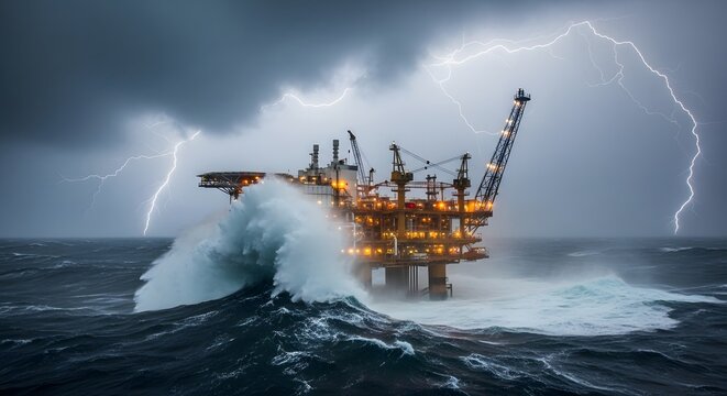 Oil Rig and Storm: A powerful offshore oil rig battles the forces of nature, standing resilient amidst a tumultuous sea under a dramatic, lightning-filled sky.
