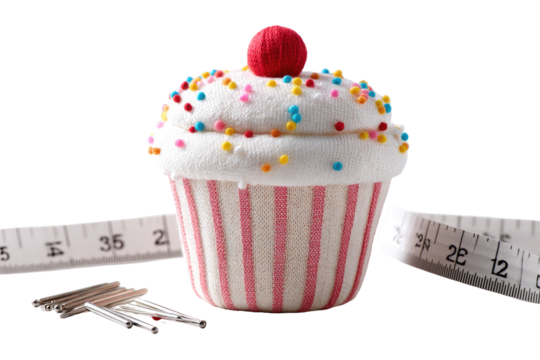 A whimsical sock cupcake sits beside a measuring tape and hairpins.  Decorated with colorful sprinkles and a red cherry, the cupcake is a miniature confection - Powered by Adobe