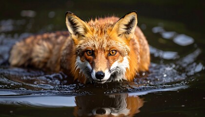 Red fox swimming in dark water