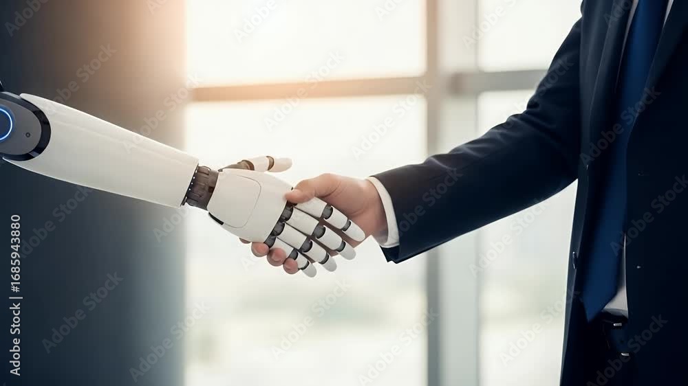 Poster robot handshake signifying technological partnership: a professional in a tailored suit seals a deal