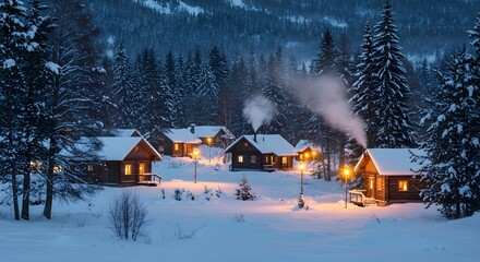 Snowy, blue, winter cabin scene glows under soft light. For travel, holiday promotions, postcards.