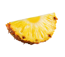 Close-up of a juicy pineapple wedge.  Fresh, vibrant yellow flesh,  distinct  ridges and  center.  Isolated on black